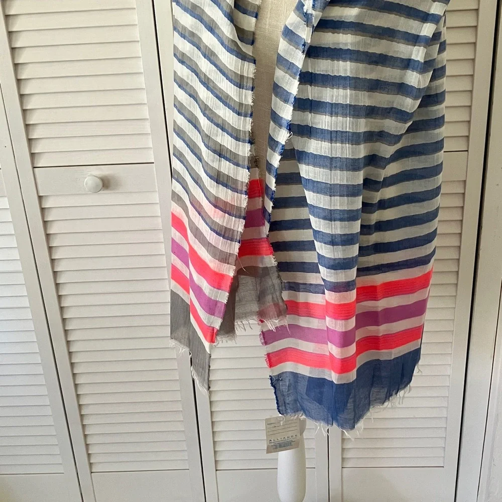 Lightweight Striped Cotton-Blend Scarf‎ in Blue & White with Pink & Red Accents
